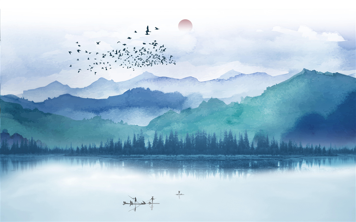 Papier peint une volée d'oiseaux traversant un lac de montagne sur fond de soleil couchant