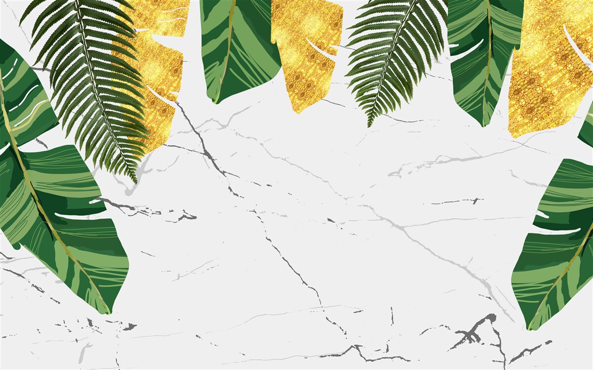 Papier peint feuilles vertes et jaunes sur un marbre blanc comme neige