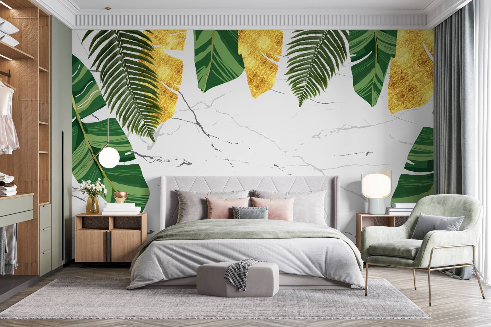 Papier peint feuilles vertes et jaunes sur un marbre blanc comme neige