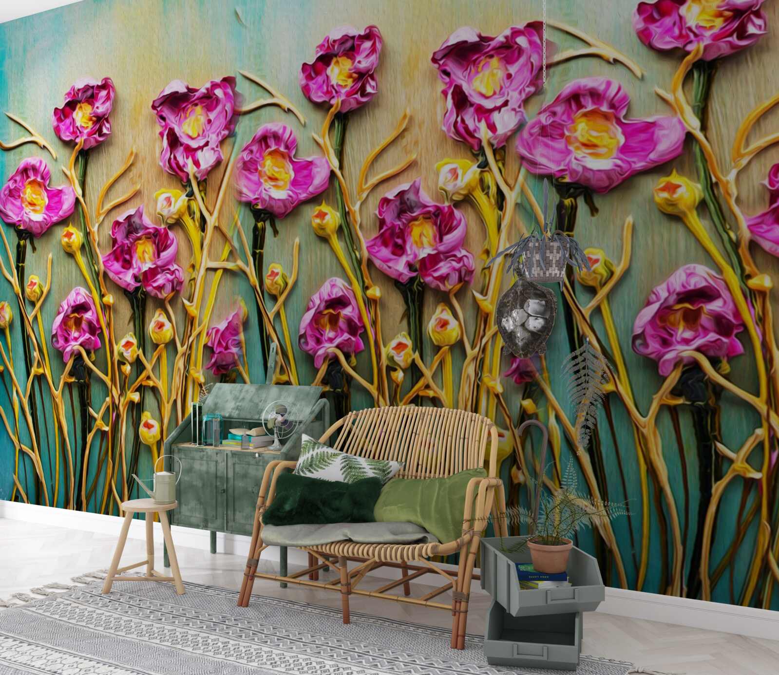 Papier peint fleurs abstraites représentées à la peinture à l'huile