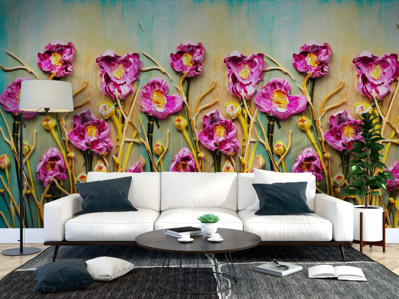 Papier peint fleurs abstraites représentées à la peinture à l'huile