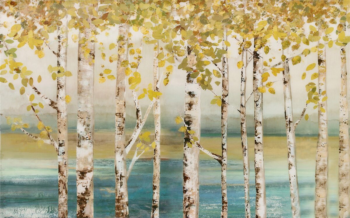 Papier peint étang de la forêt de bouleaux en automne