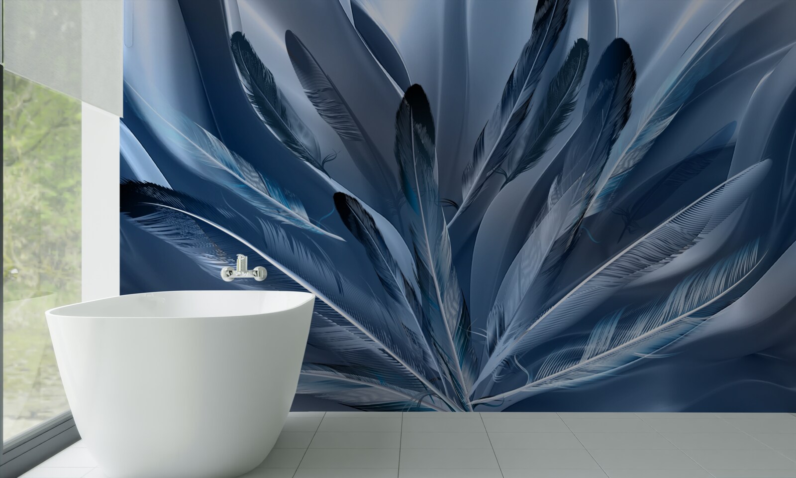 Papier peint fond parsemé de plumes bleues