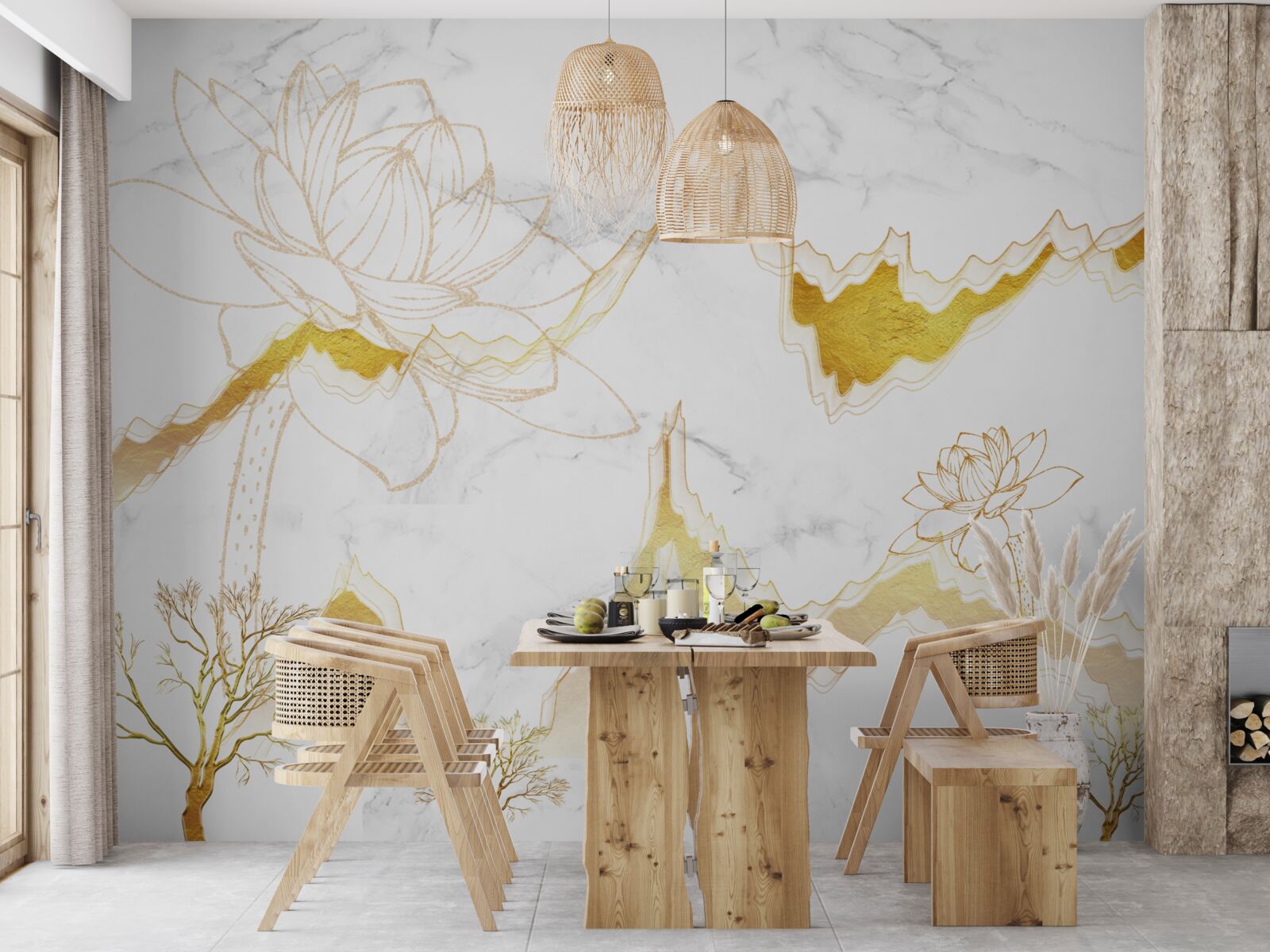 Papier peint contours de plantes et d'arbres sur fond écarlate
