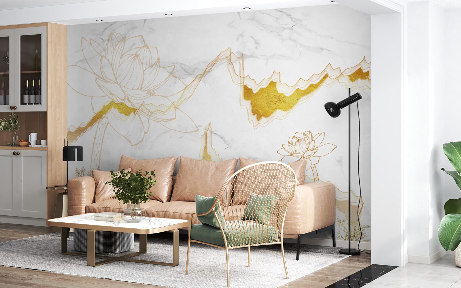 Papier peint contours de plantes et d'arbres sur fond écarlate