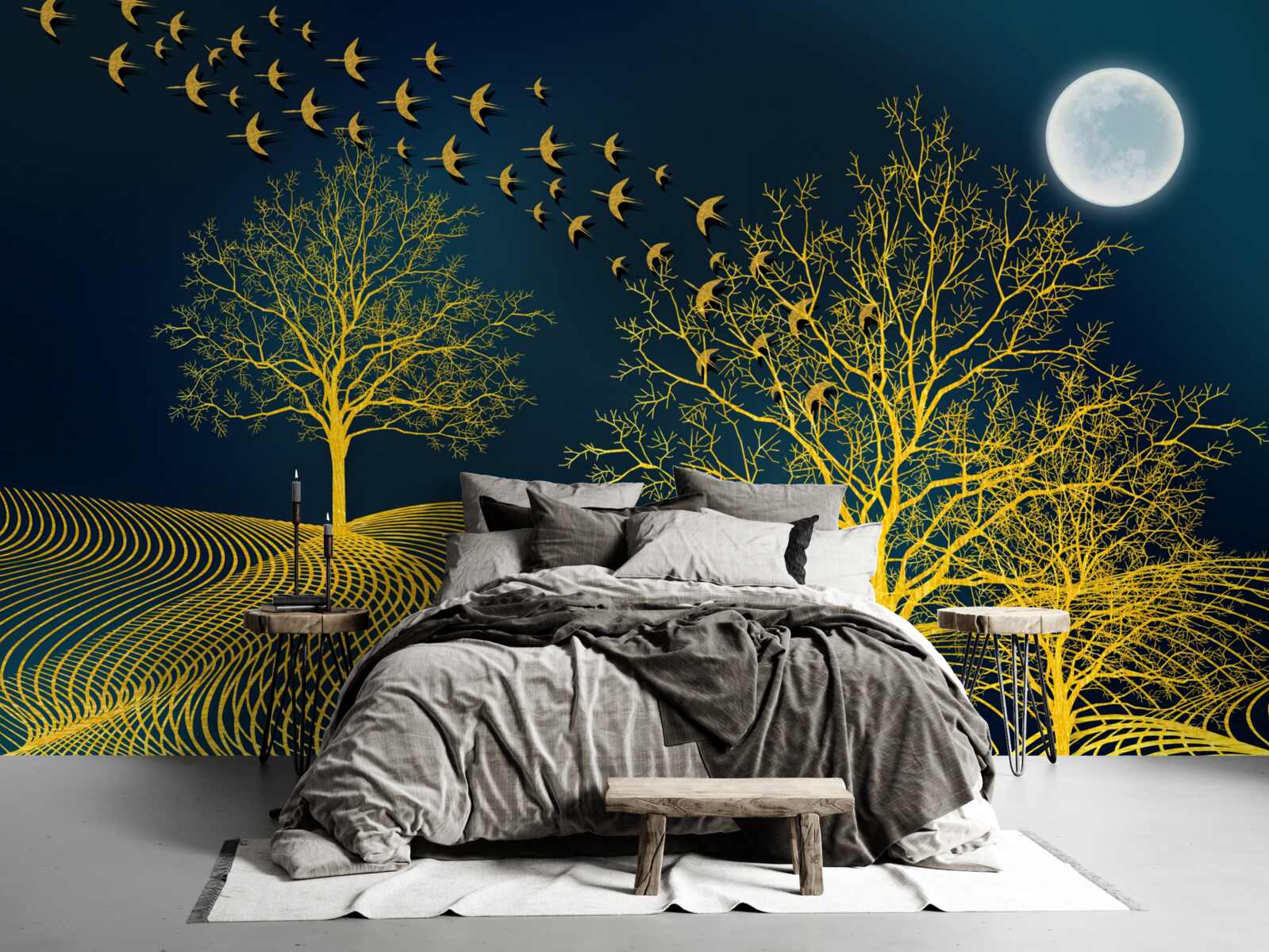 Papier peint le ciel nocturne est rempli d'une forêt dorée