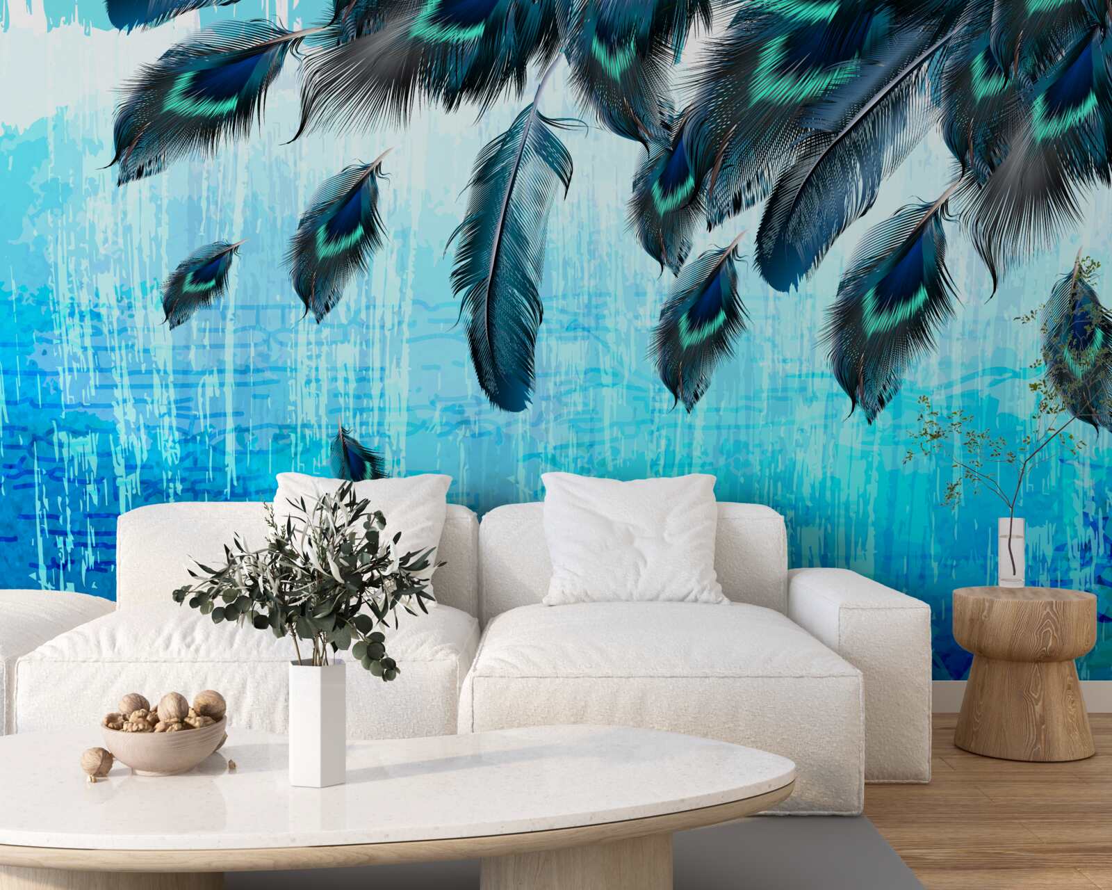 Papier peint fond bleu décoré de plumes de paon