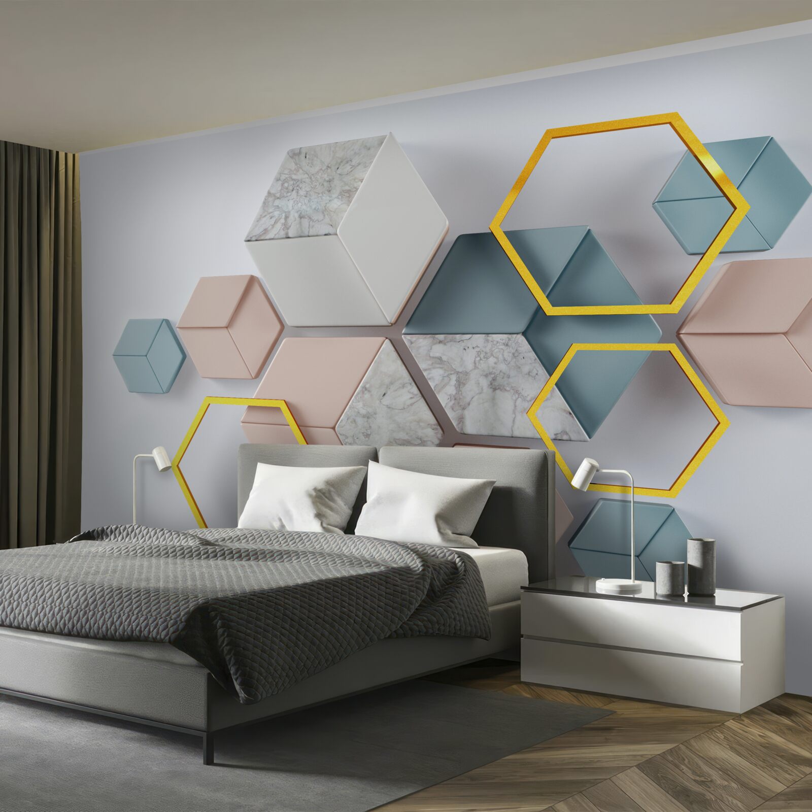 Papier peint formes pentagonales en trois dimensions sur fond gris