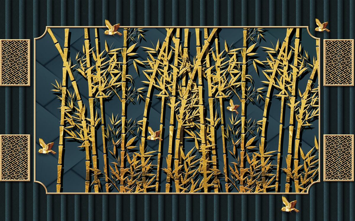 Papier peint forêt de bambous baignée d'or