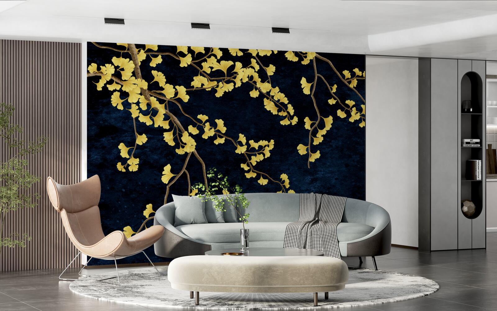 Papier peint branches de feuilles jaunes sur fond de ciel nocturne