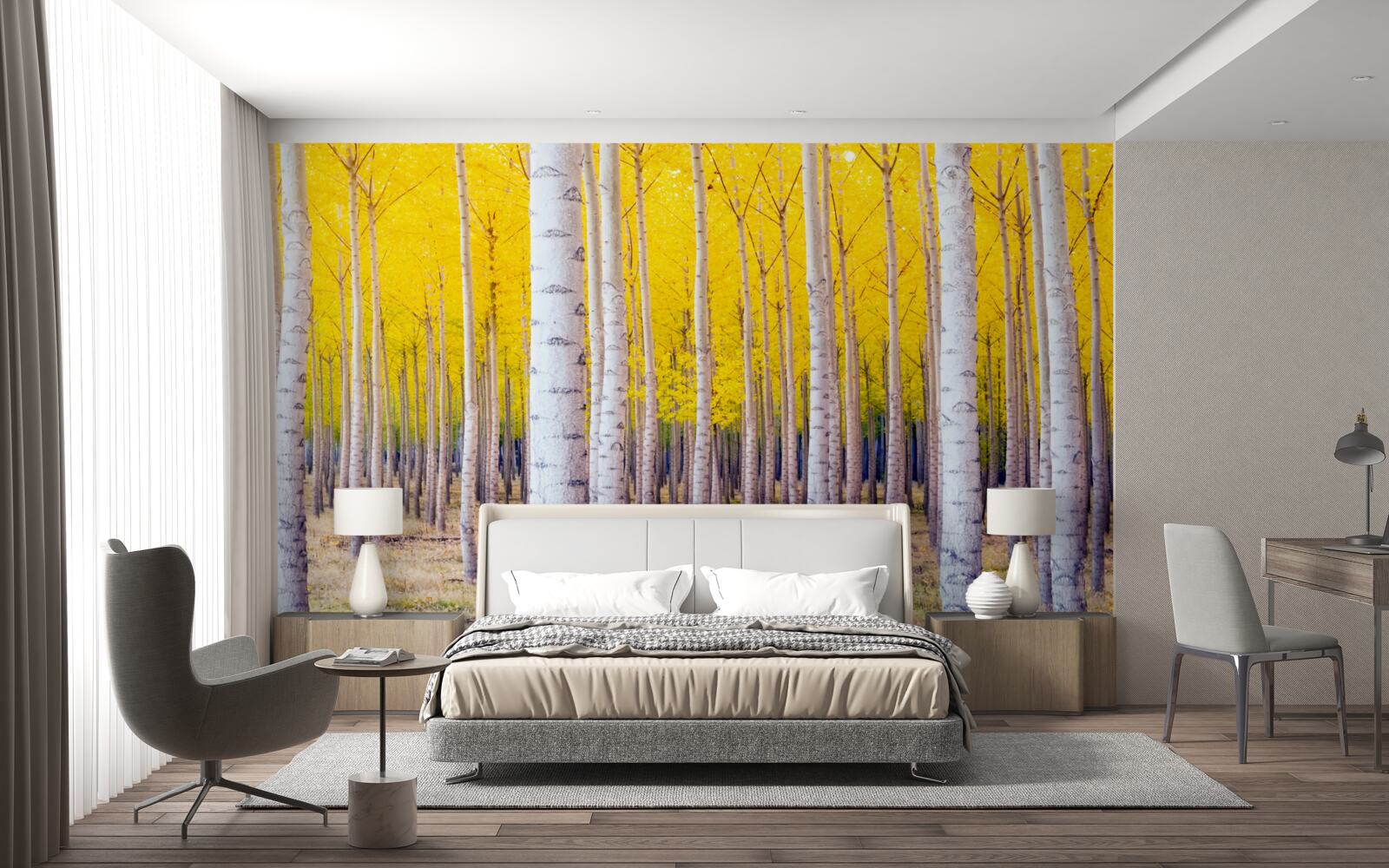 Papier peint les couleurs jaune vif s'illuminent dans la forêt de bouleaux