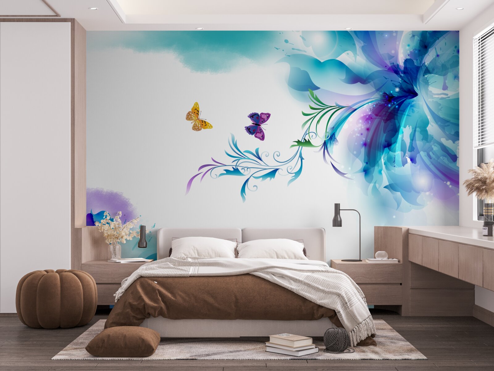Papier peint papillons sur fond de fleurs