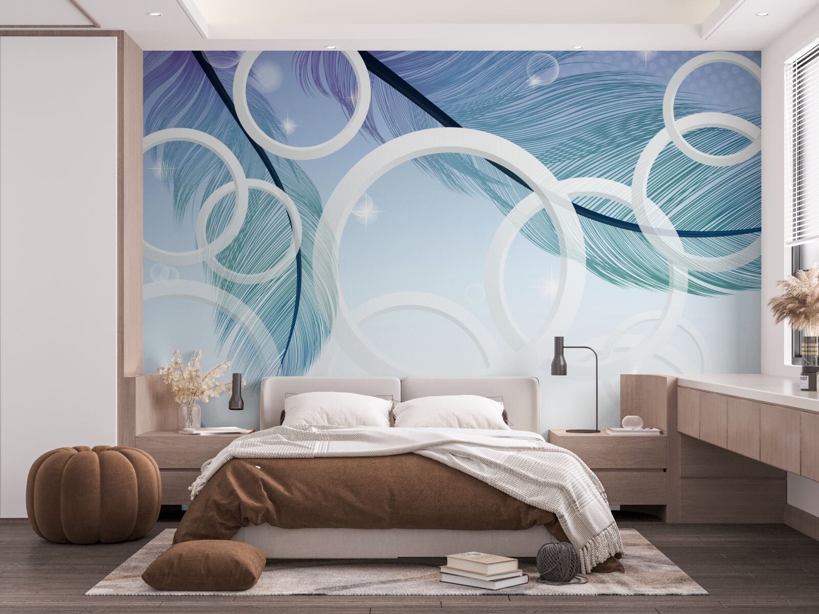 Papier peint grandes roues blanches et plumes