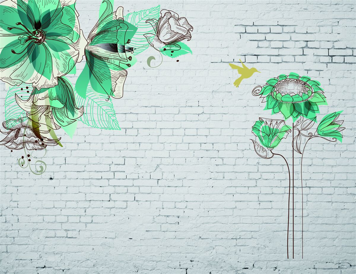 Papier peint fleurs turquoises sur briques blanches