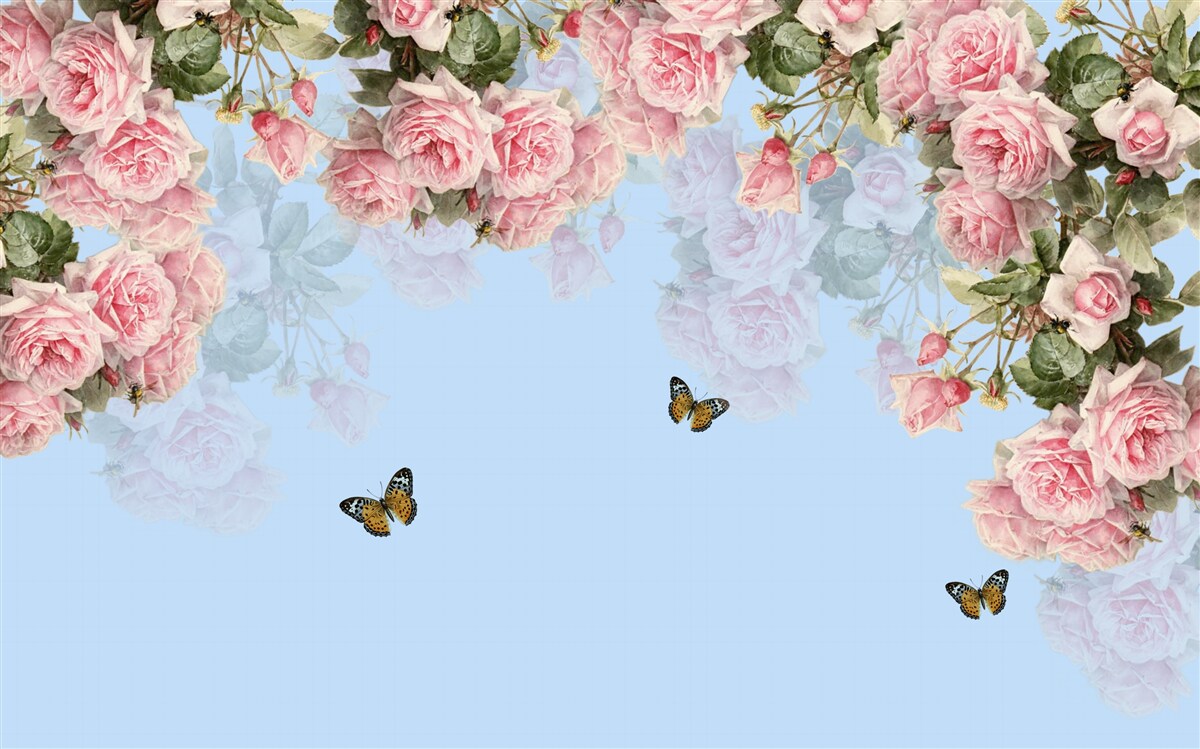 Papier peint roses roses sur fond bleu