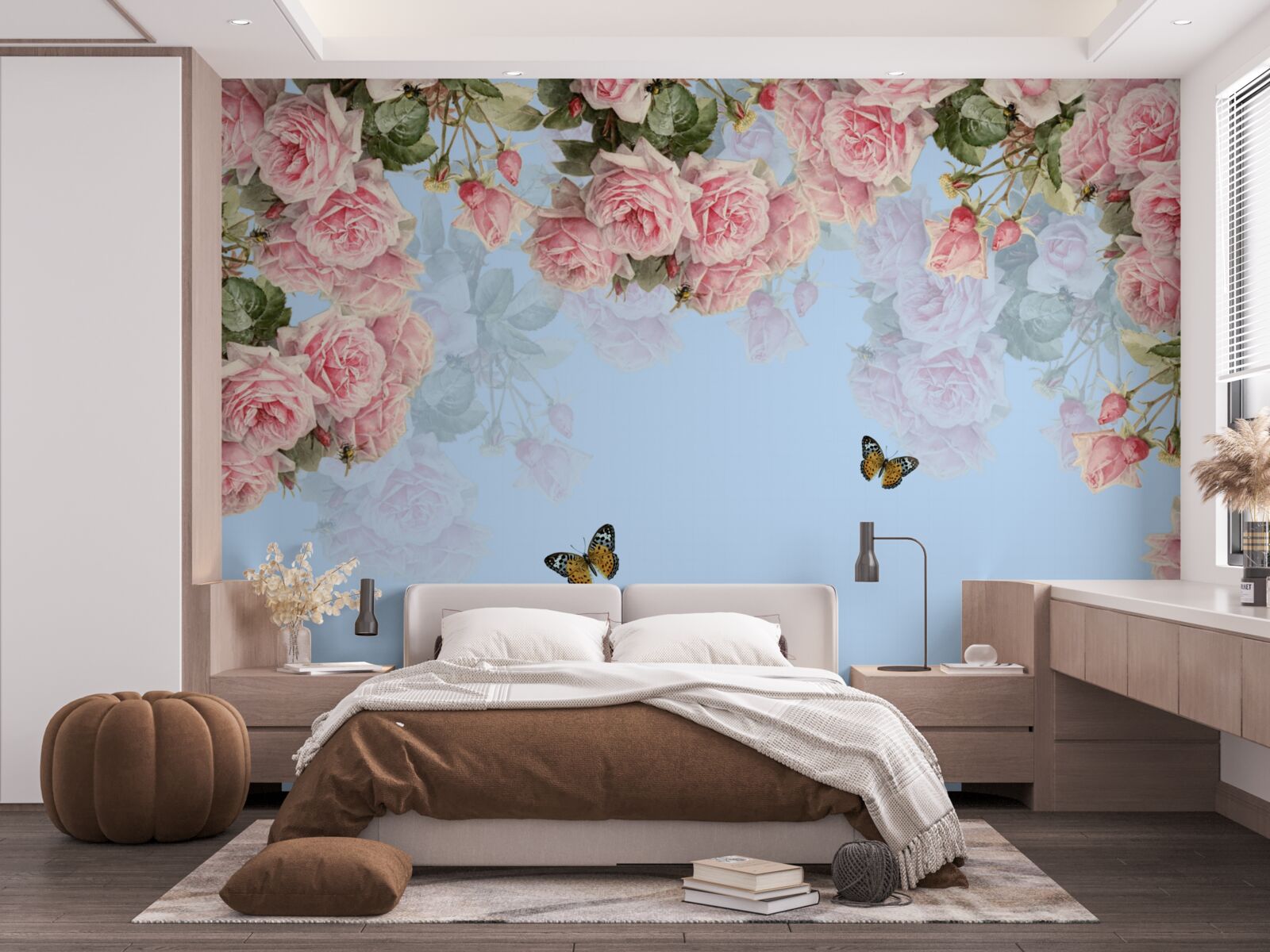 Papier peint roses roses sur fond bleu