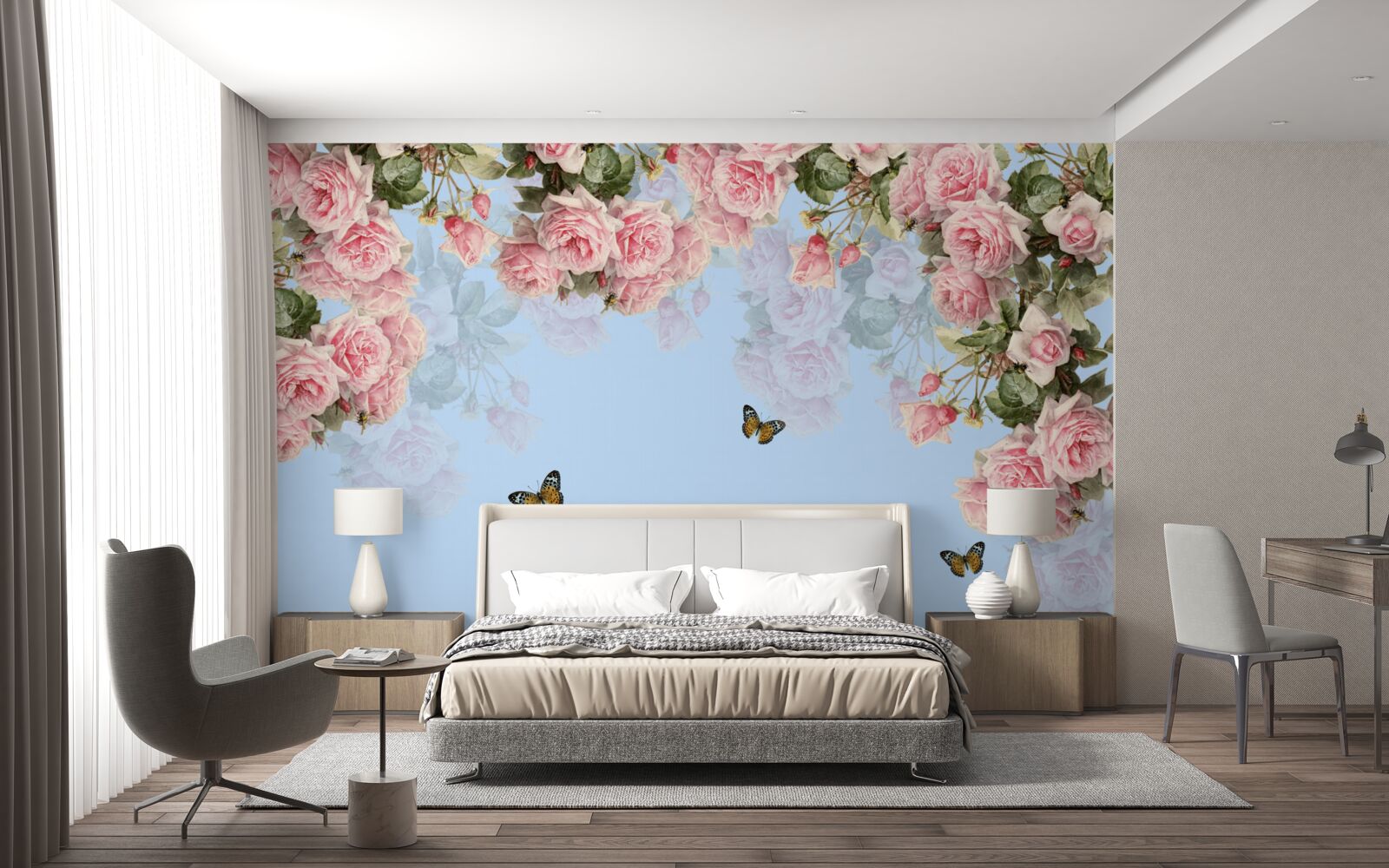 Papier peint roses roses sur fond bleu