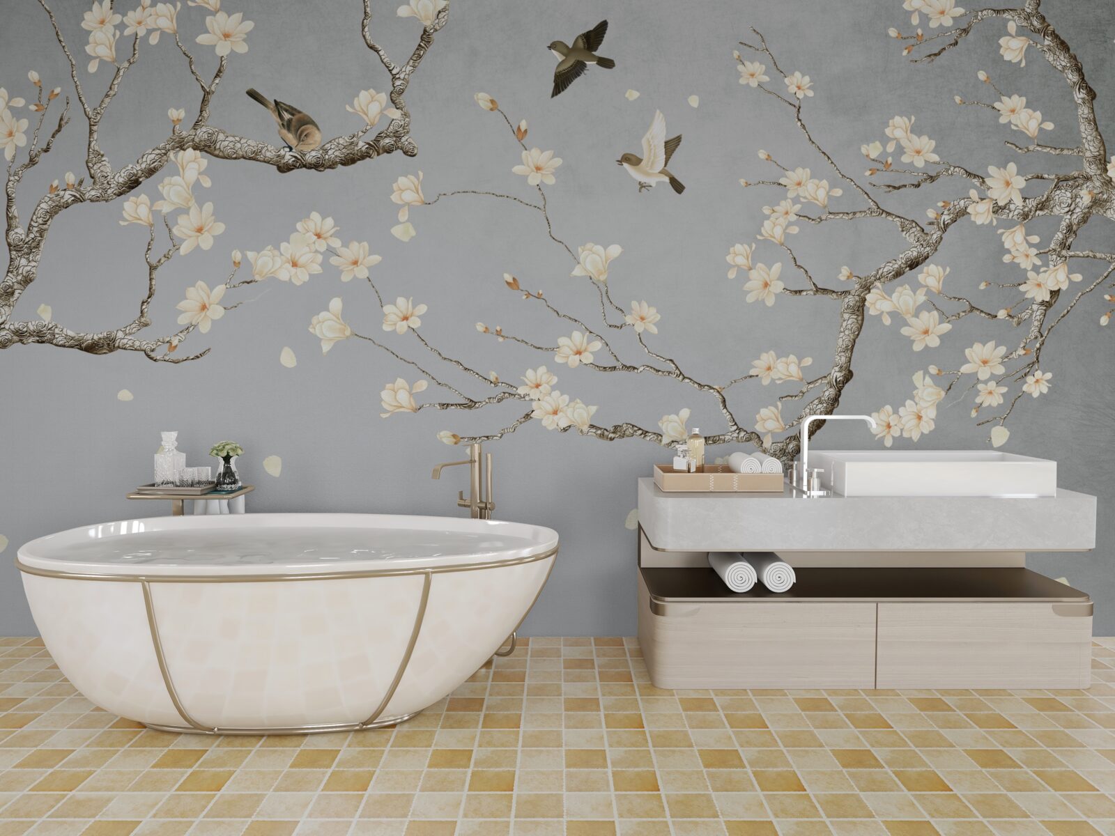Papier peint les oiseaux tournent autour d'un arbre en fleurs