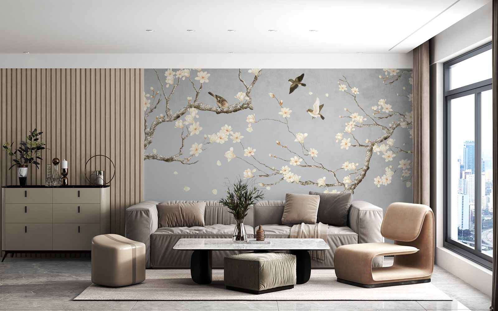 Papier peint les oiseaux tournent autour d'un arbre en fleurs