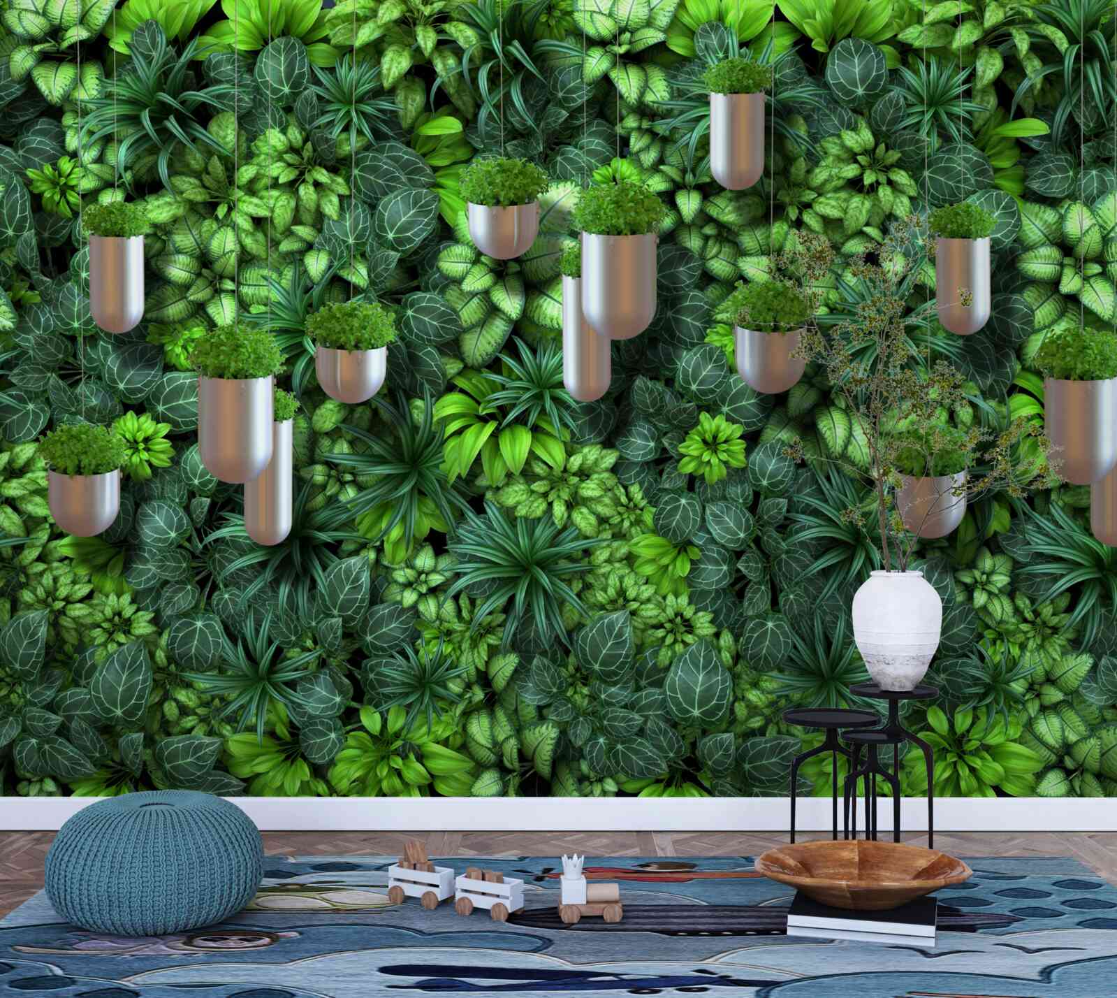 Papier peint mur végétal avec des pots dans les tons verts