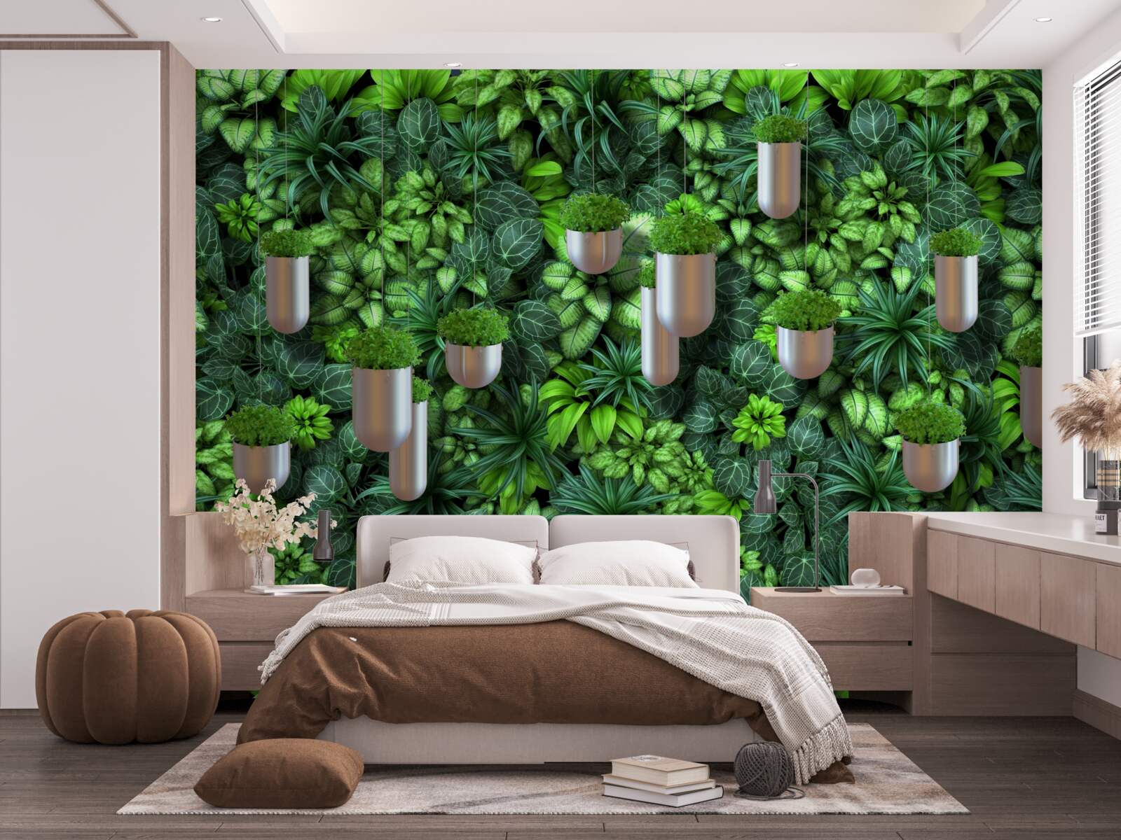 Papier peint mur végétal avec des pots dans les tons verts