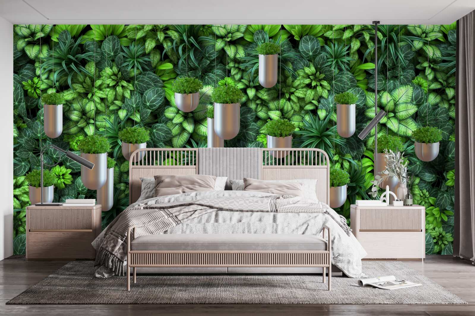 Papier peint mur végétal avec des pots dans les tons verts