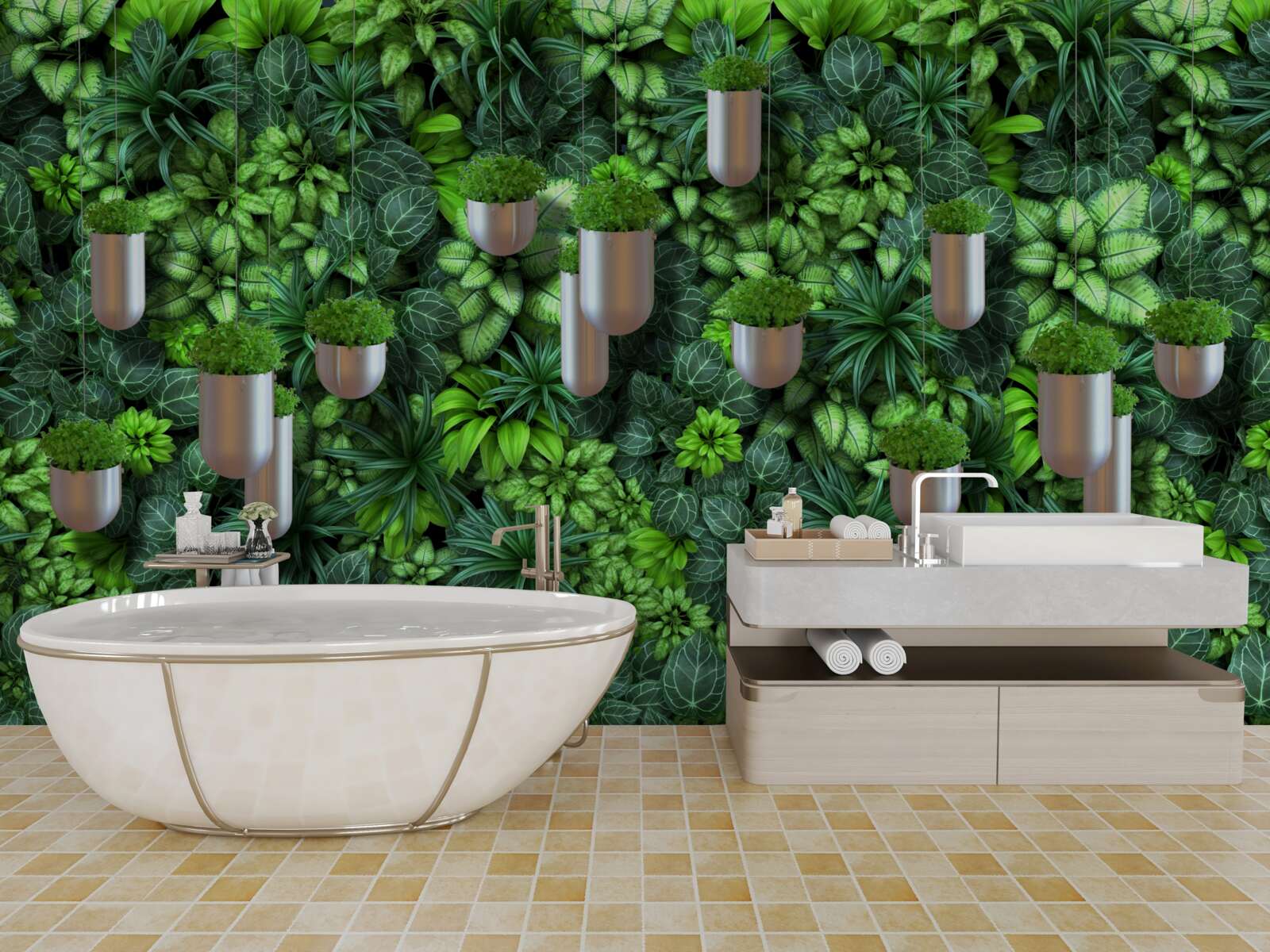 Papier peint mur végétal avec des pots dans les tons verts