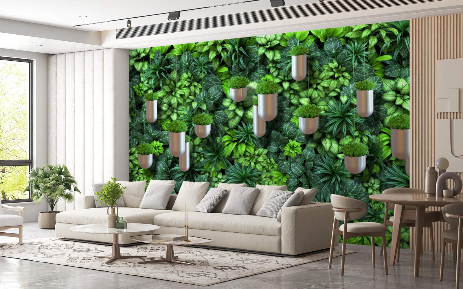 Papier peint mur végétal avec des pots dans les tons verts