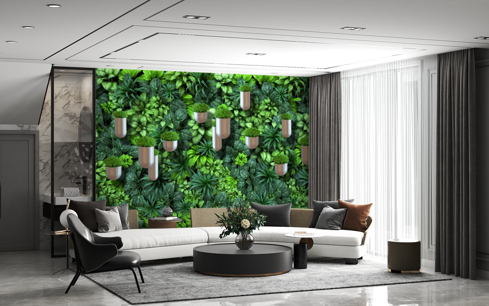 Papier peint mur végétal avec des pots dans les tons verts