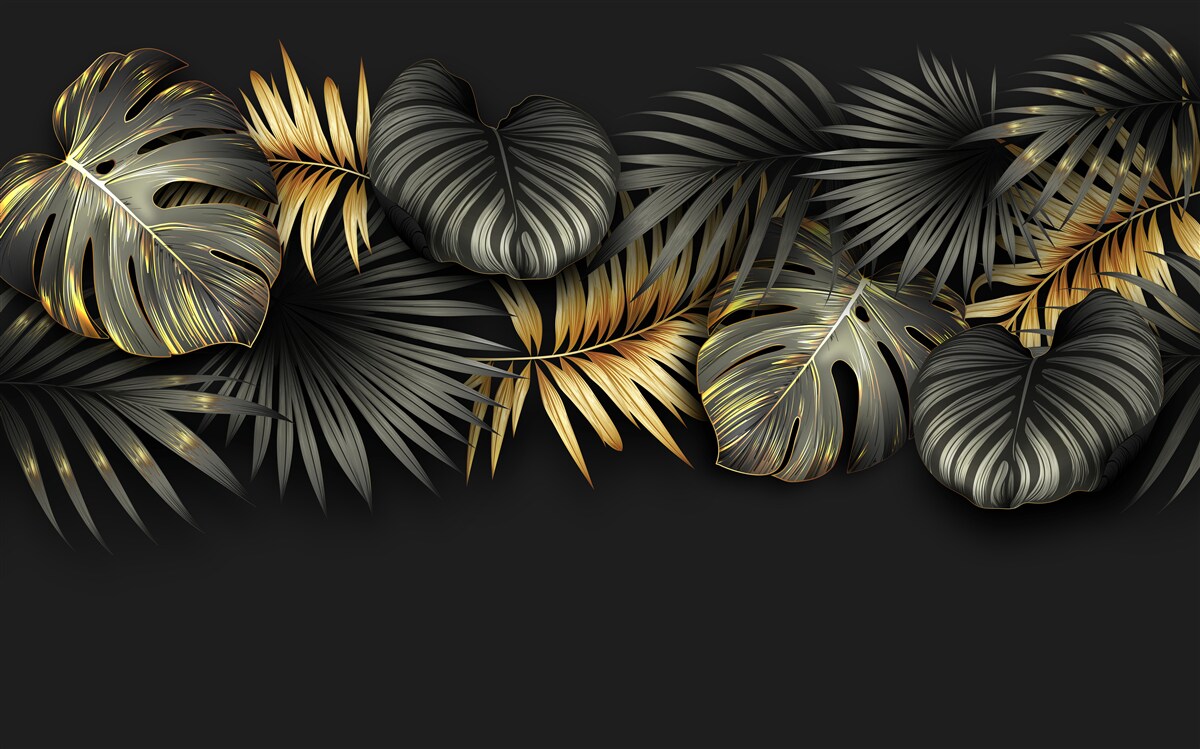 Papier peint feuille d'or sur fond noir