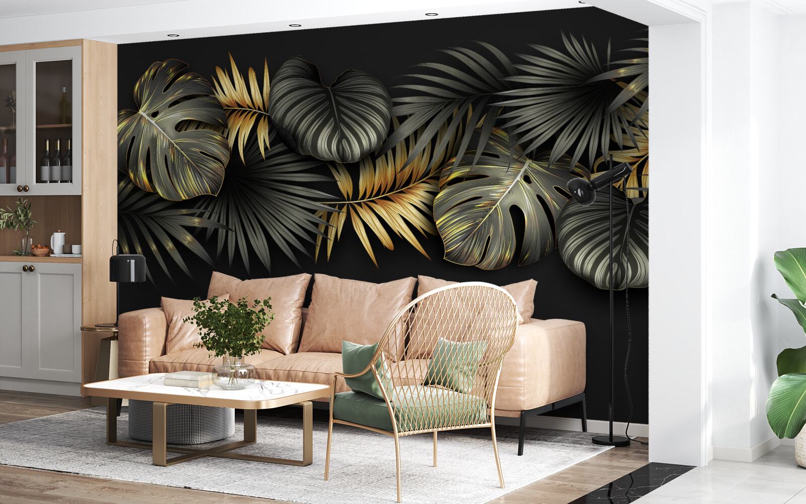 Papier peint feuille d'or sur fond noir