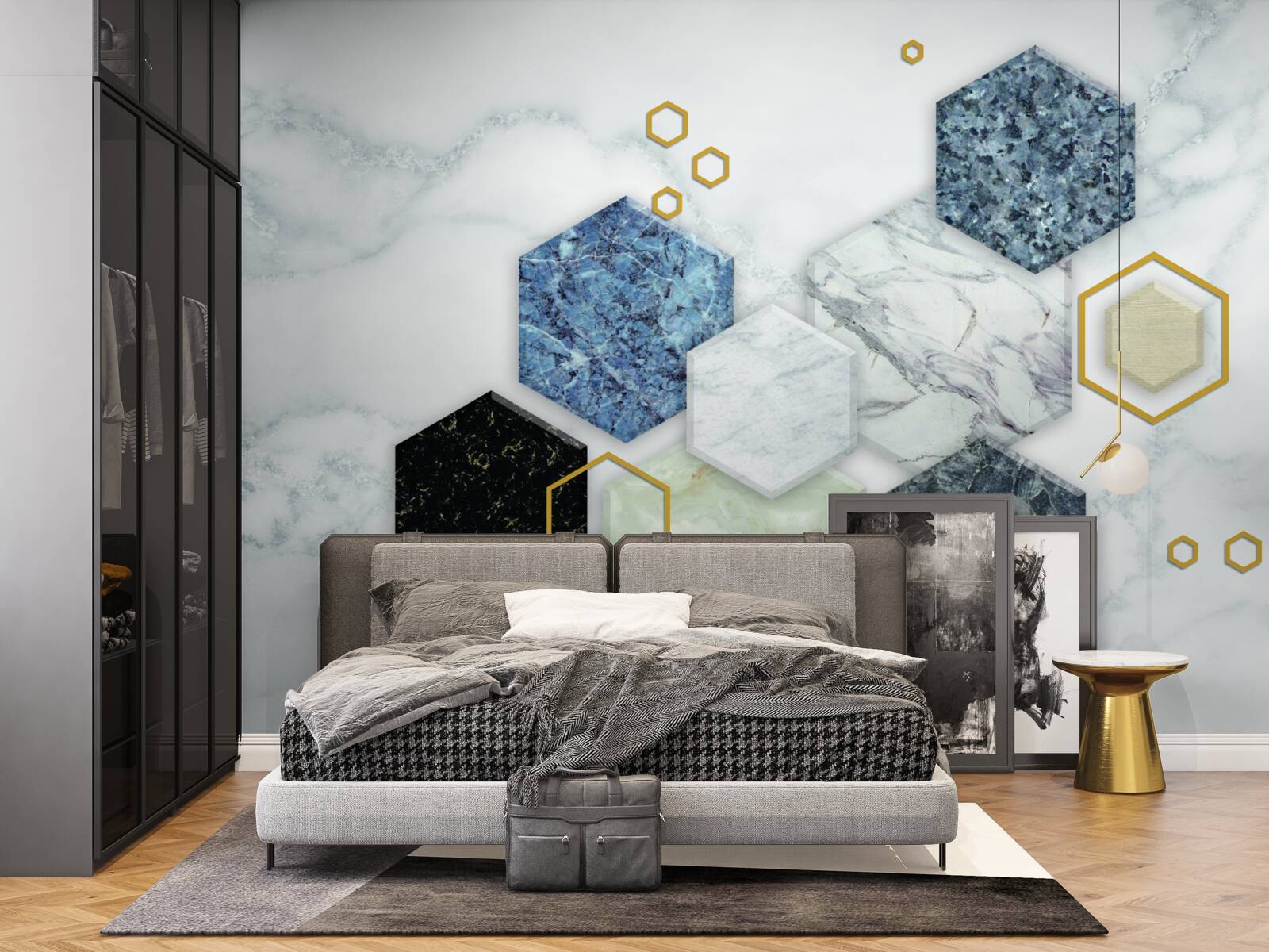 Papier peint mosaïques pentagonales sur fond de marbre blanc
