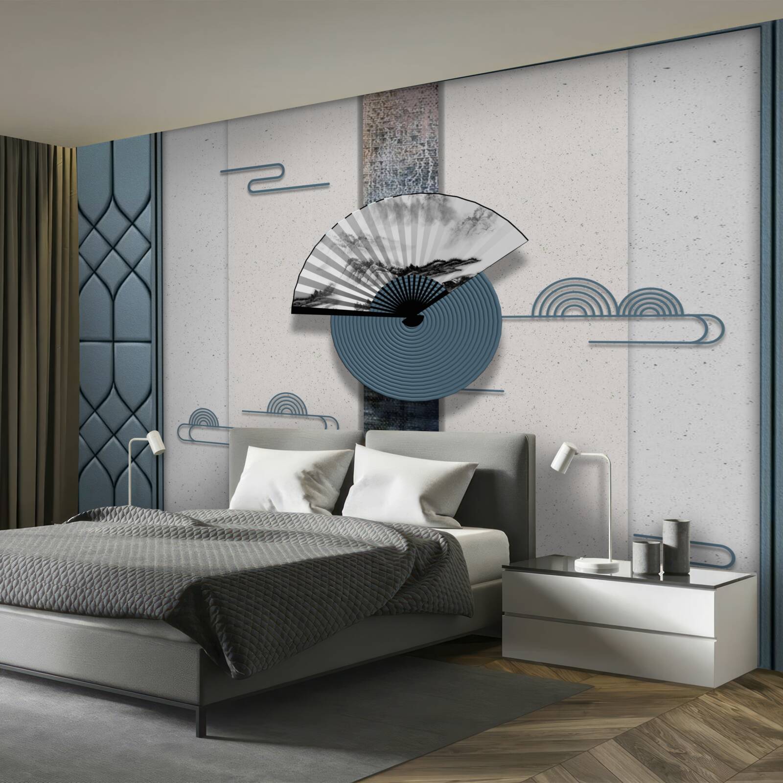Papier peint ventilateur en noir et blanc sur fond de ciel nuageux