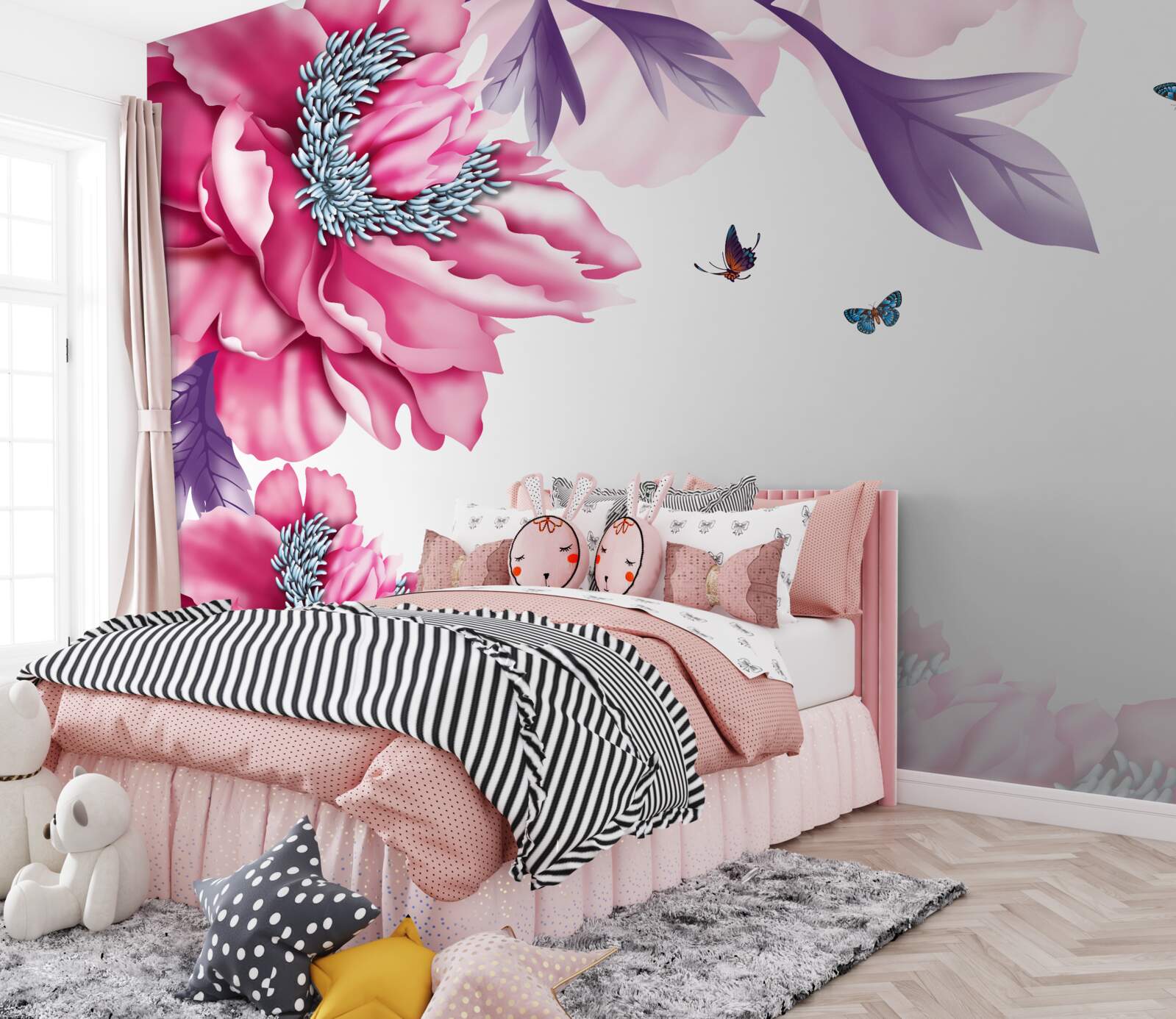 Papier peint papillons et fleurs roses sur un fond