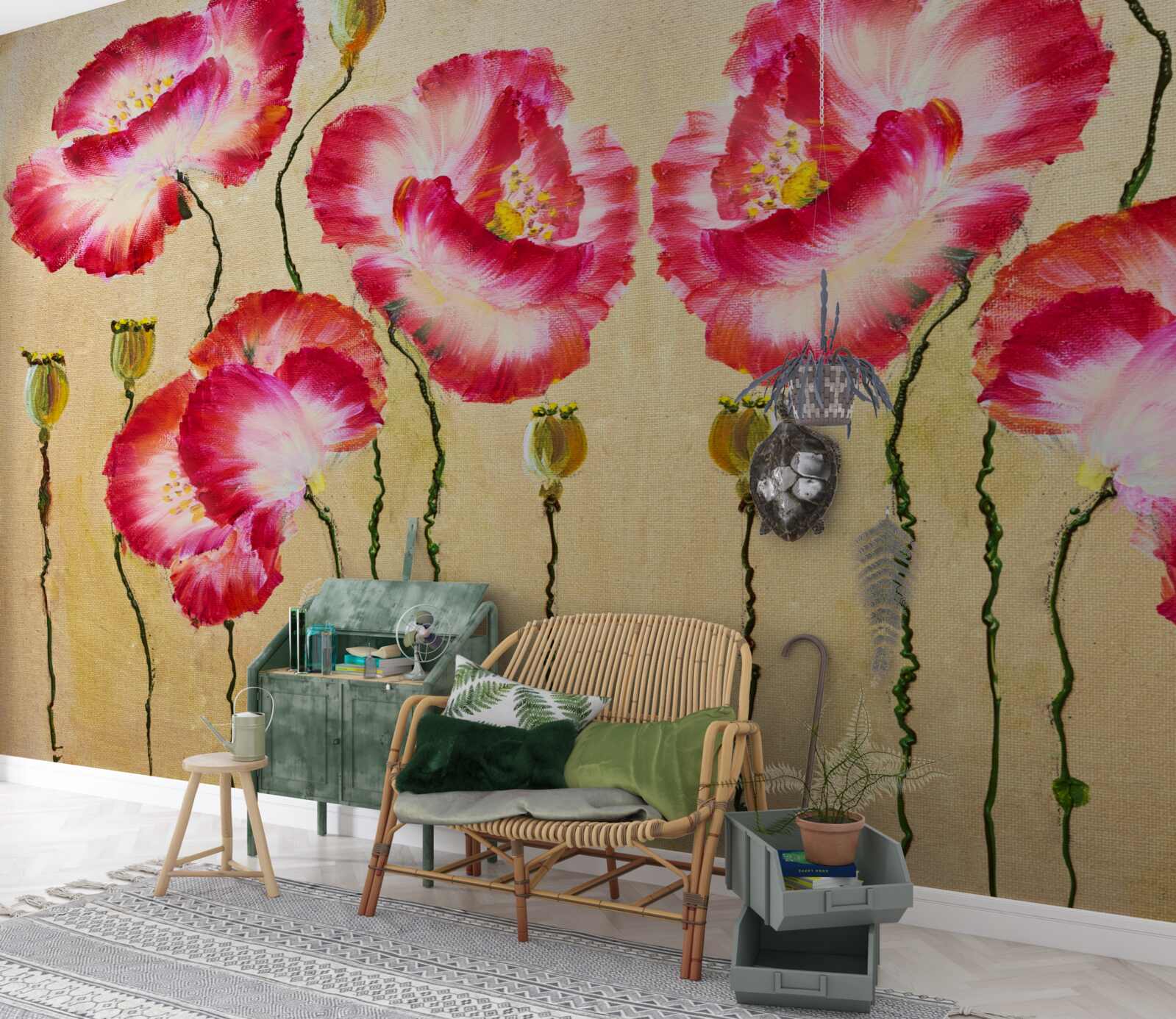 Papier peint boutons et fleurs de coquelicots dans les tons rouge et blanc