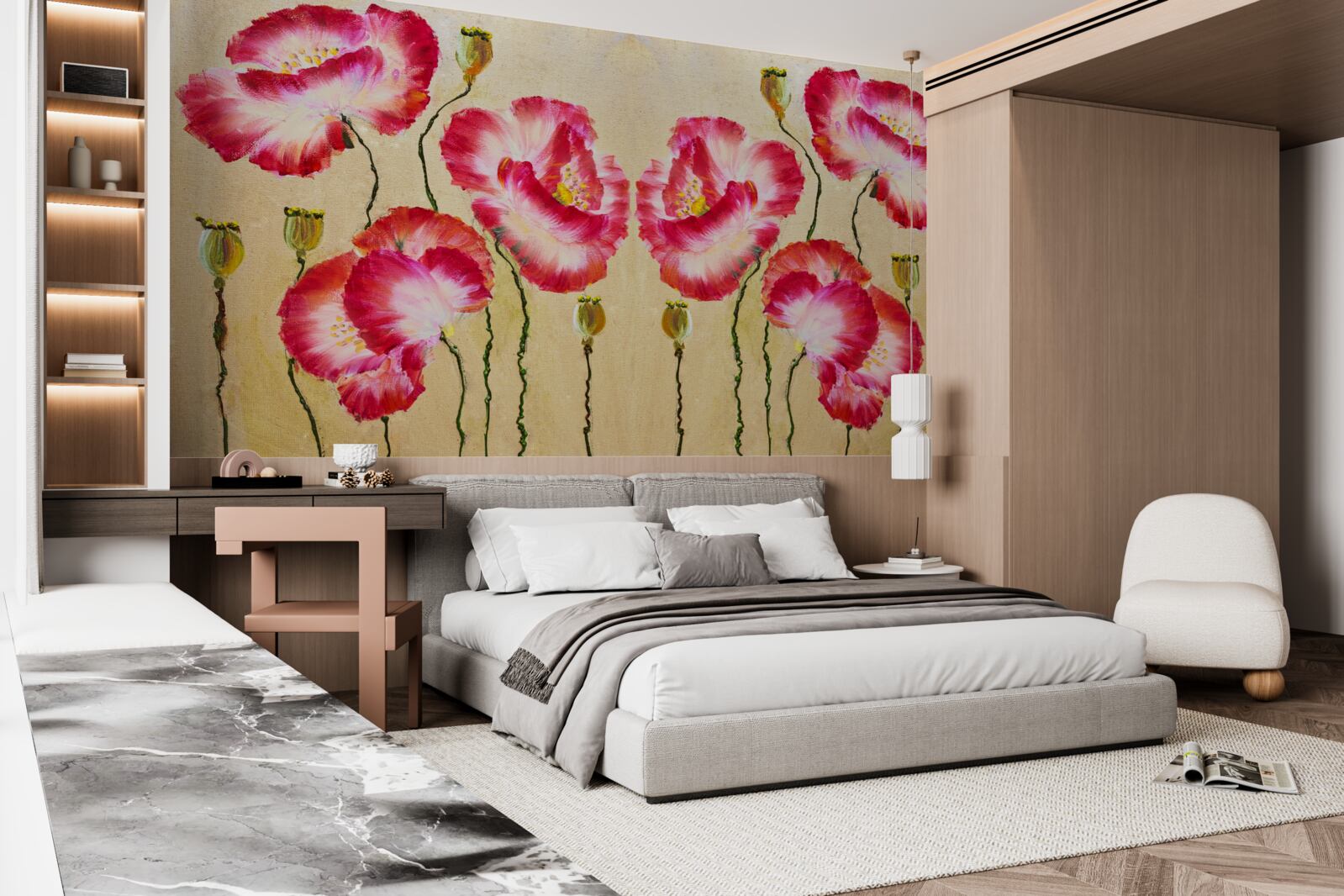 Papier peint boutons et fleurs de coquelicots dans les tons rouge et blanc