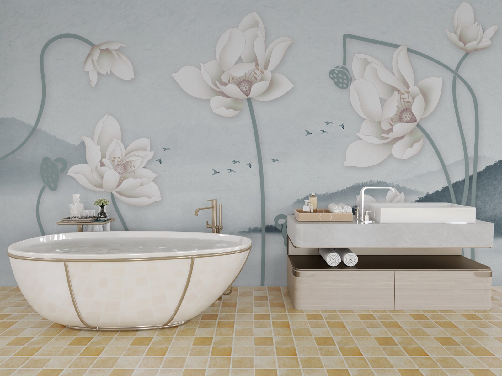 Papier peint Bateau avec pêcheur et fleurs blanches
