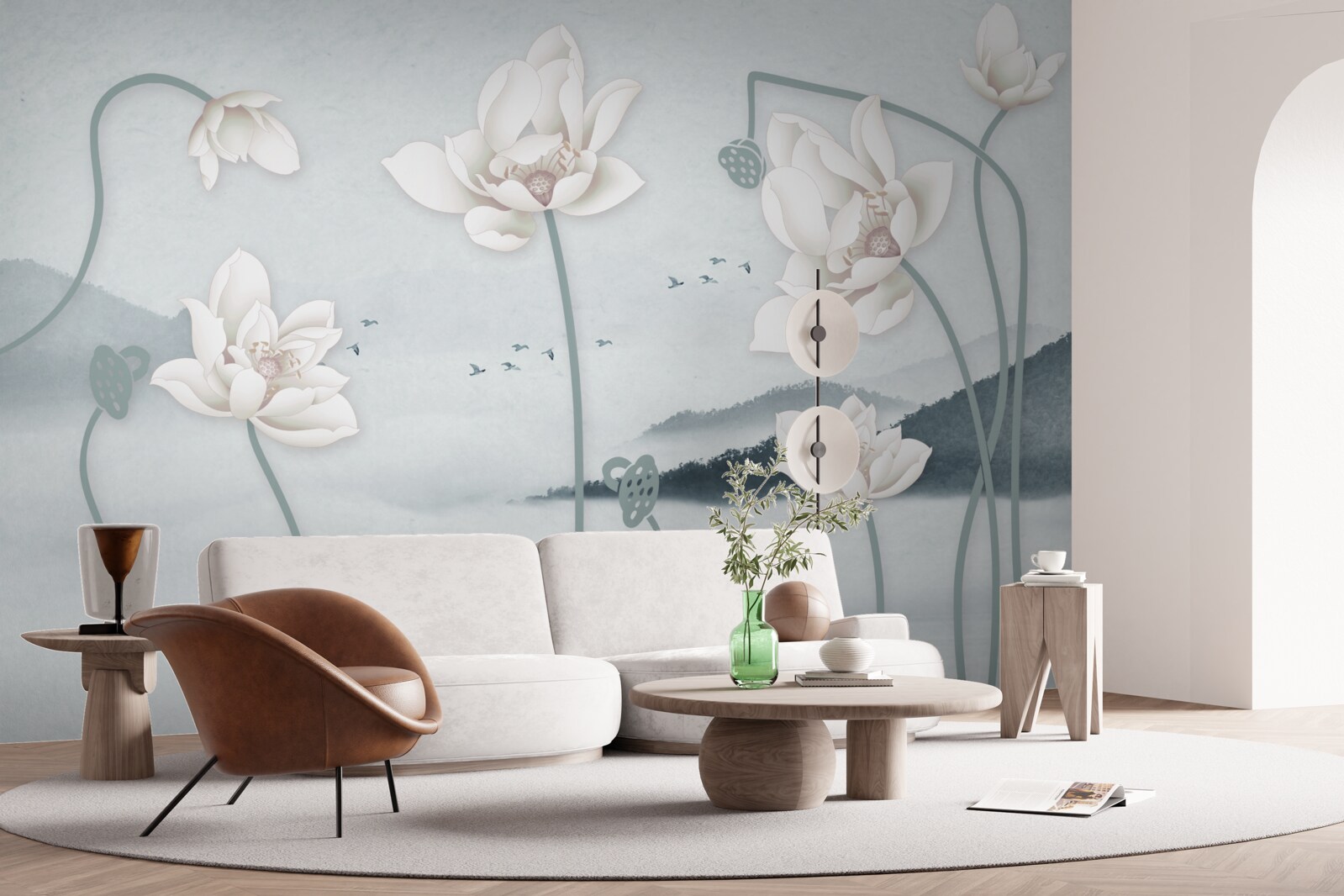 Papier peint Bateau avec pêcheur et fleurs blanches