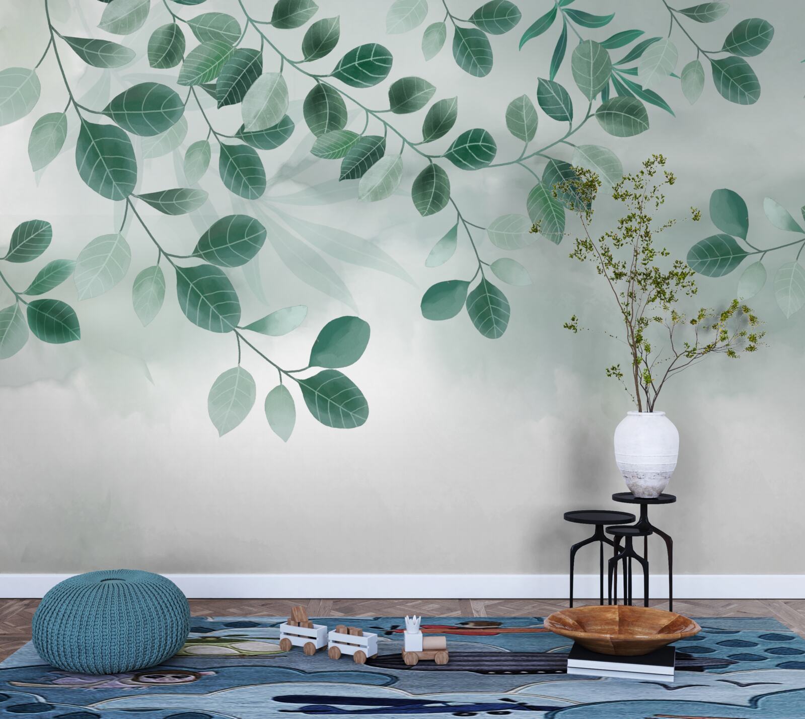 Papier peint les feuilles sont vertes sur fond gris