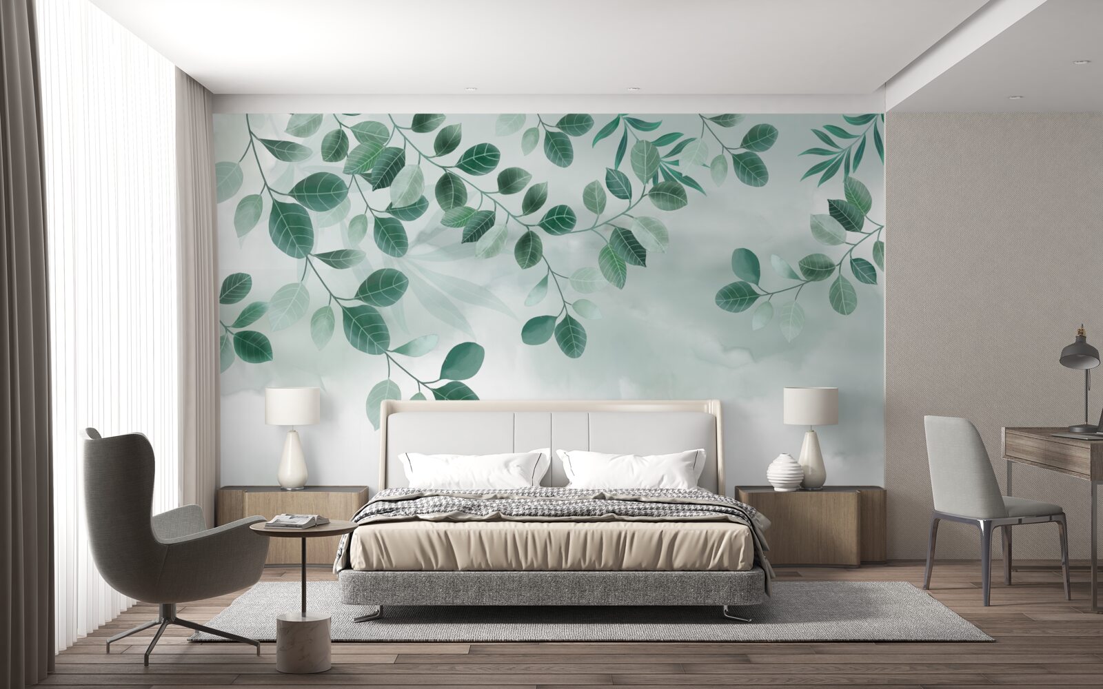 Papier peint les feuilles sont vertes sur fond gris