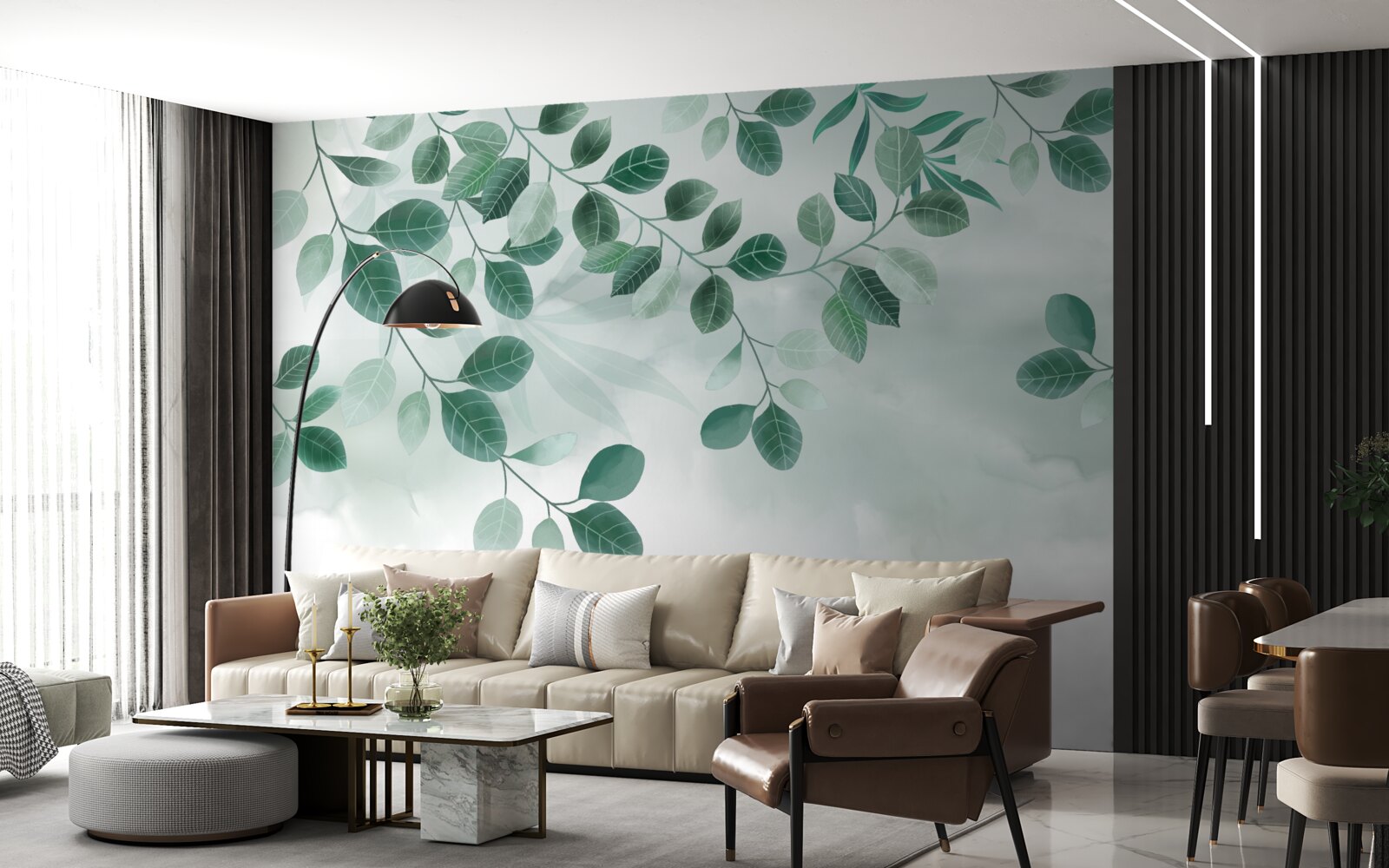 Papier peint les feuilles sont vertes sur fond gris