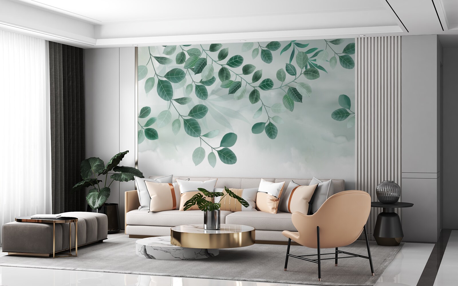Papier peint les feuilles sont vertes sur fond gris