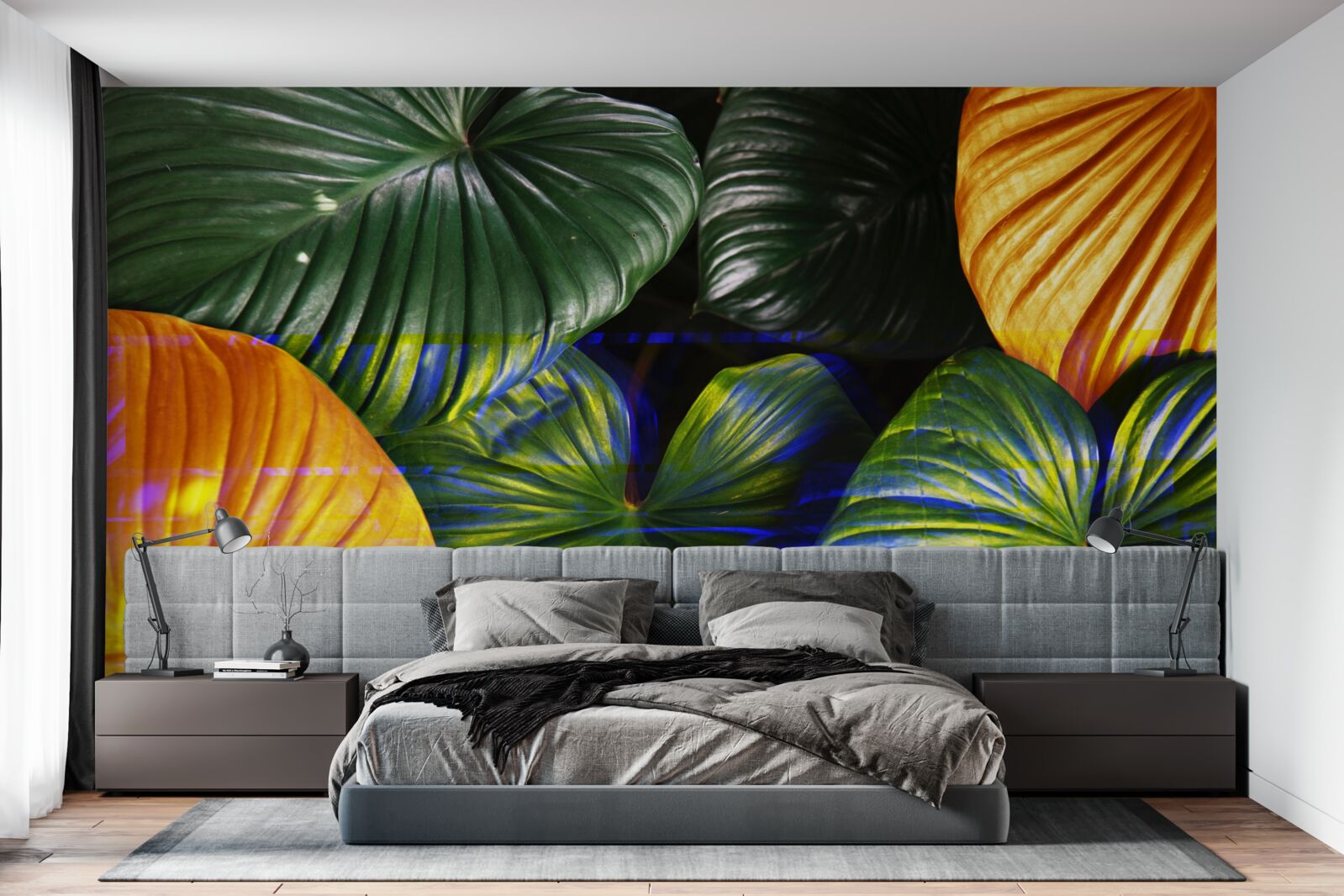 Papier peint grandes feuilles vertes et brunes