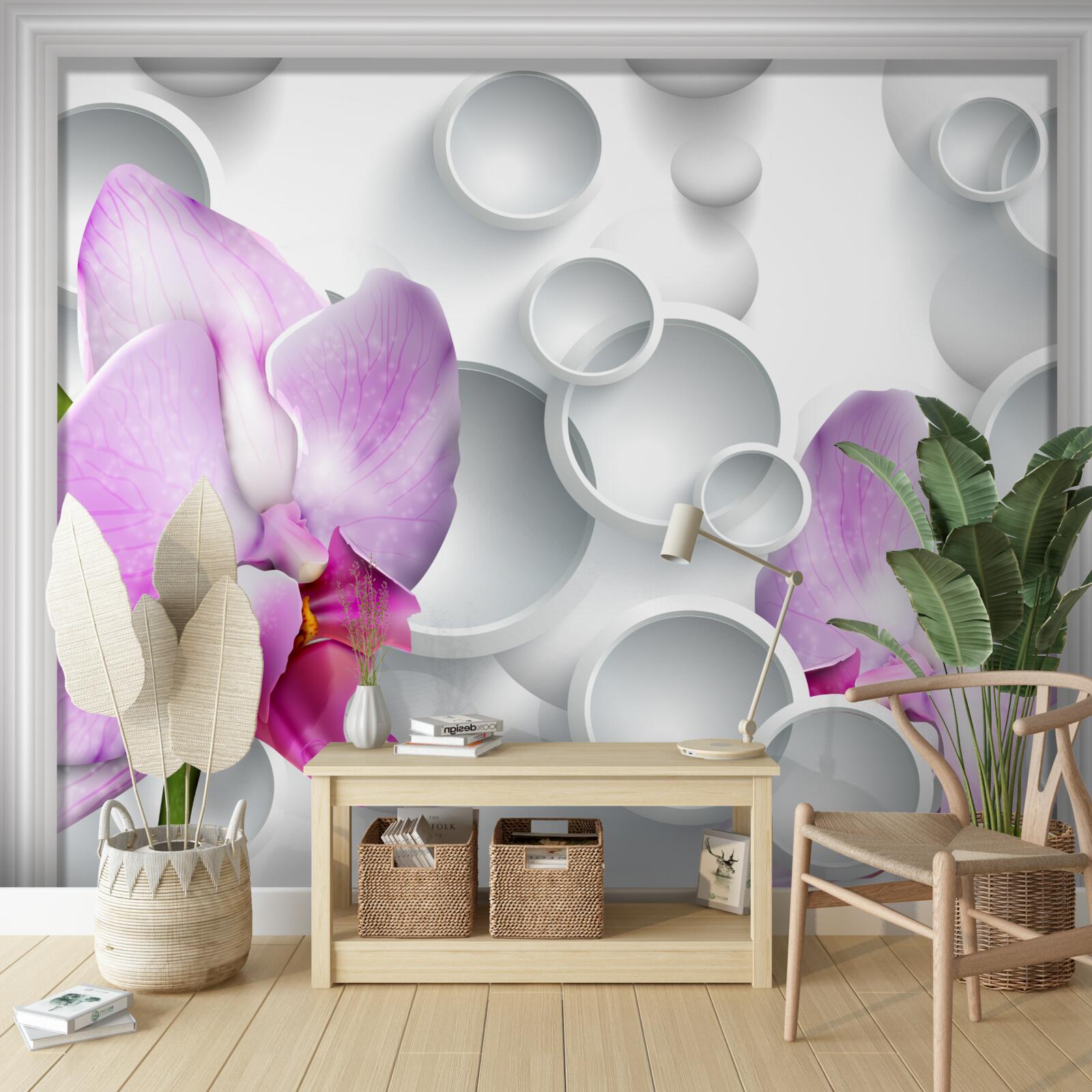 Papier peint orchidée rose tendre avec anneaux