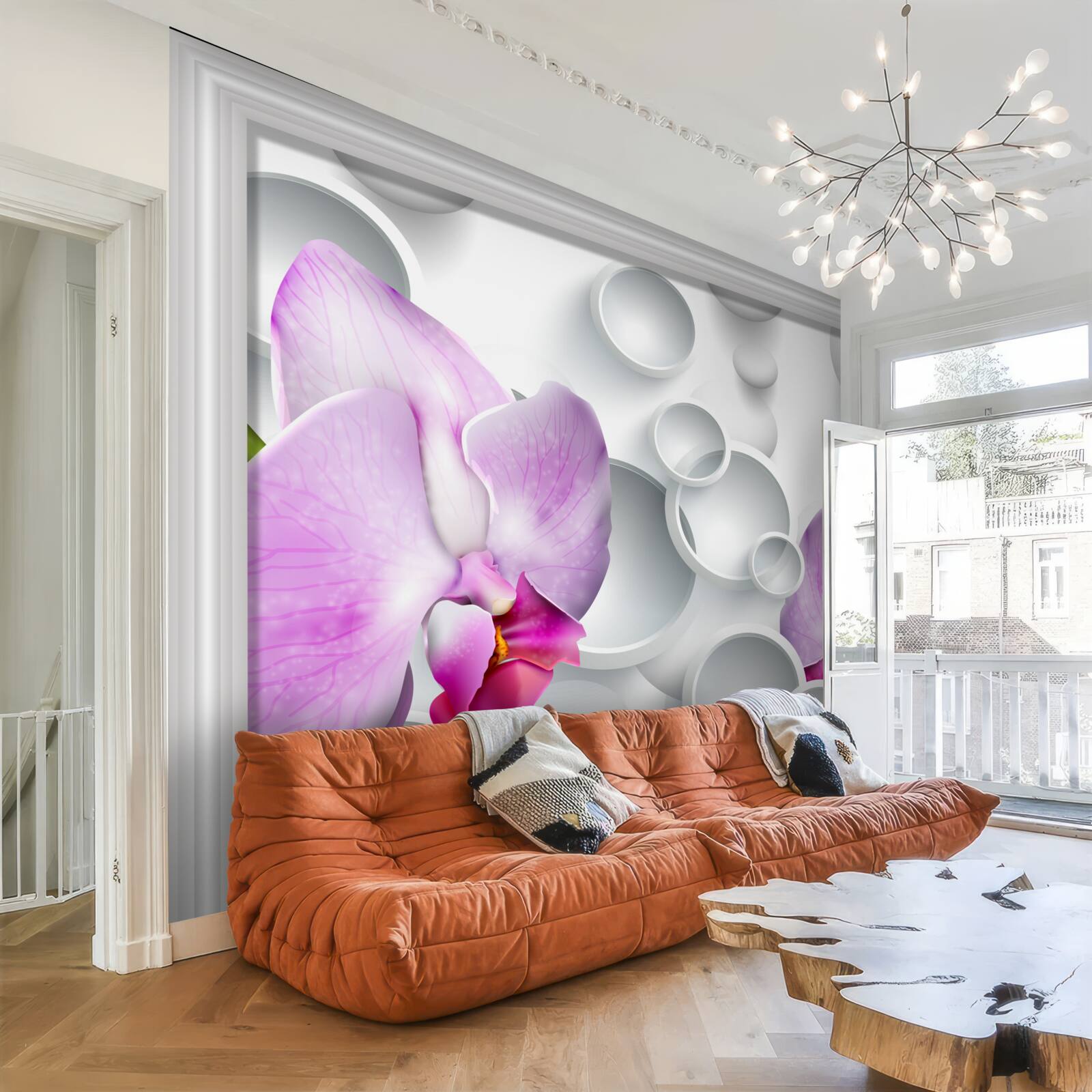 Papier peint orchidée rose tendre avec anneaux