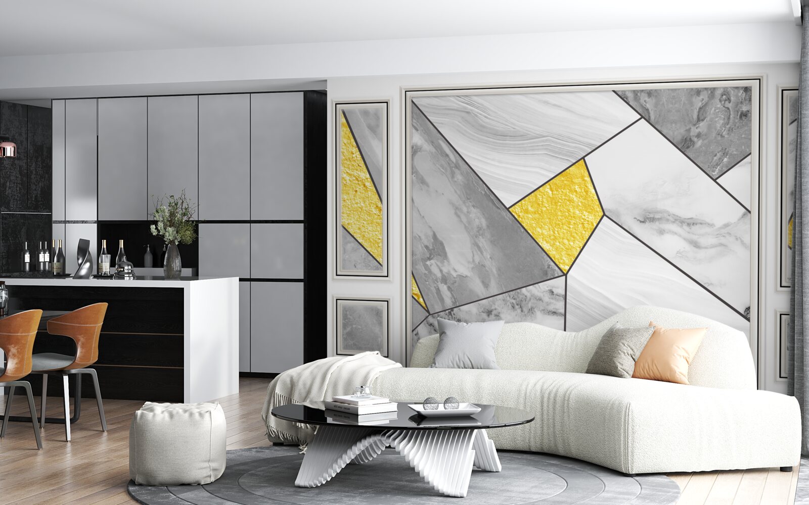 Papier peint mosaïque grise avec éléments dorés