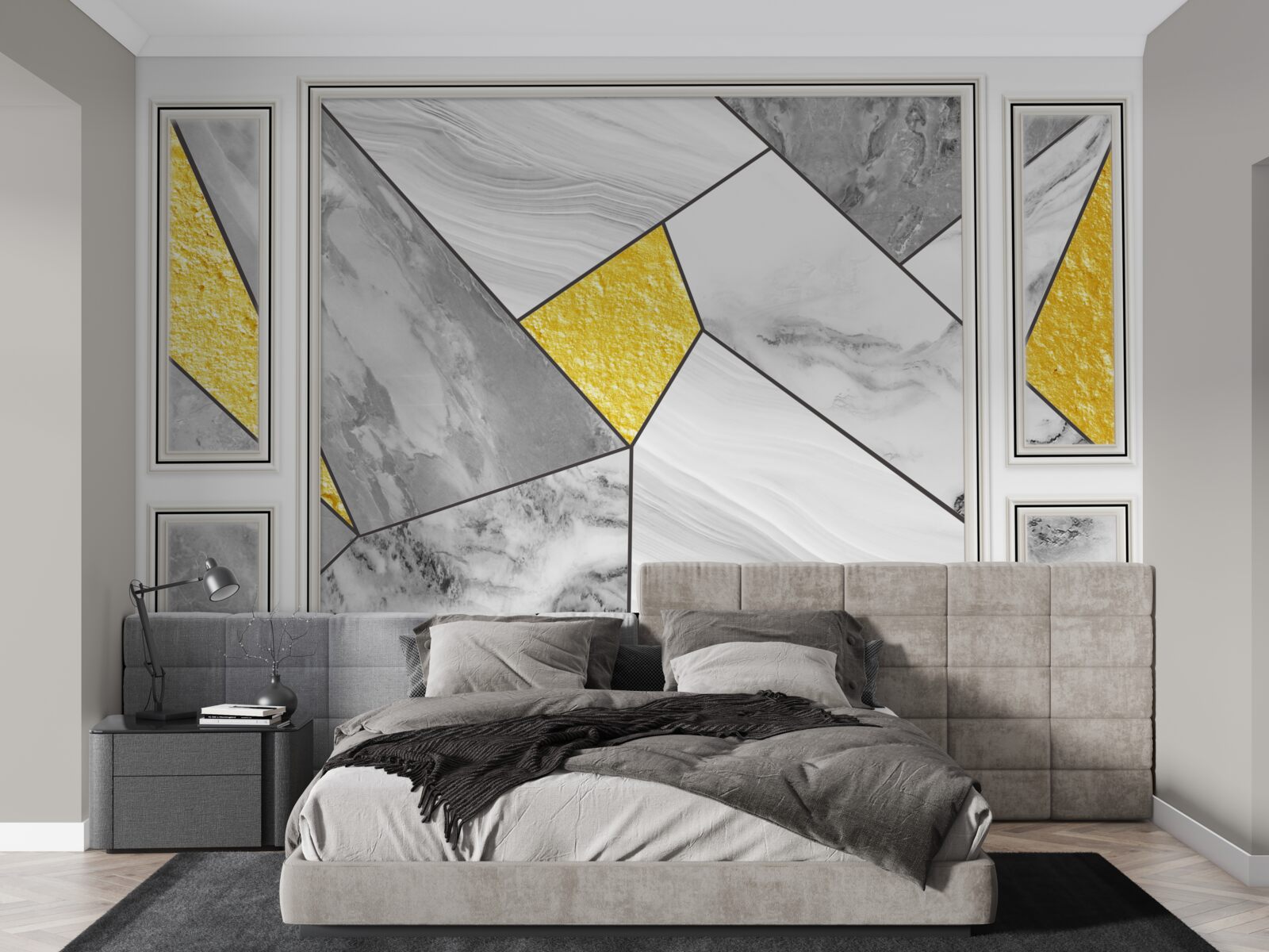 Papier peint mosaïque grise avec éléments dorés