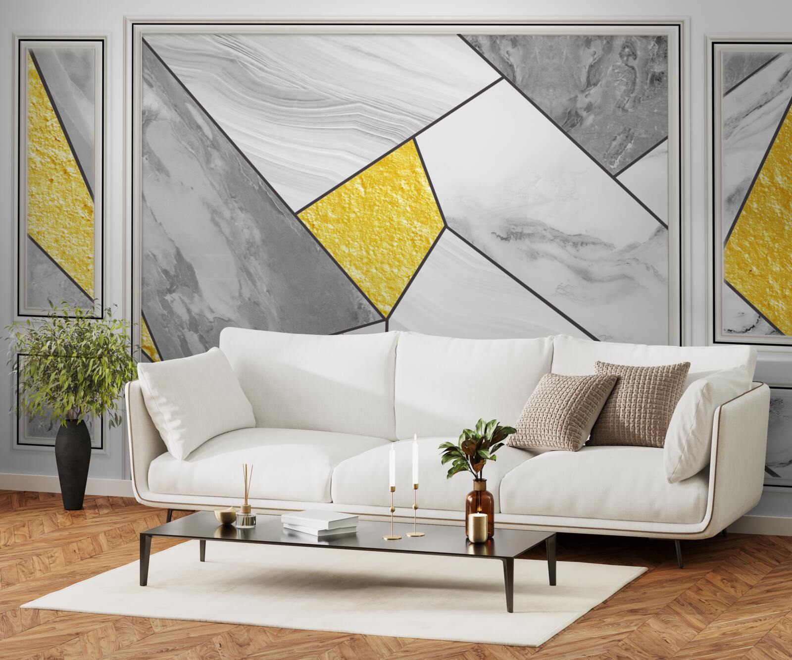 Papier peint mosaïque grise avec éléments dorés