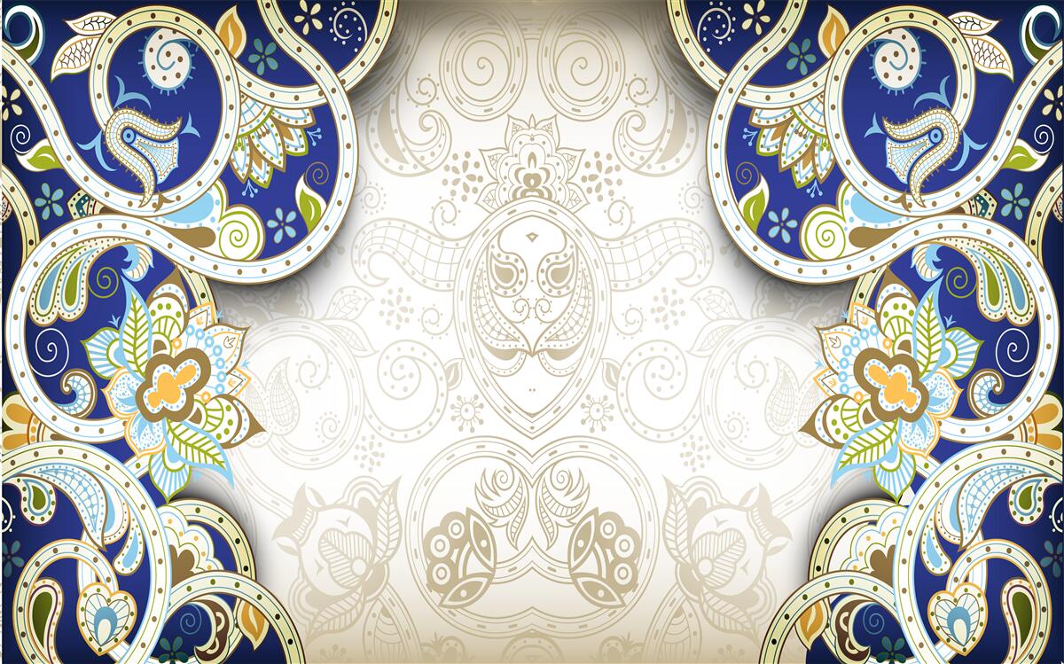 Papier peint décoration de style oriental en couleurs bleues