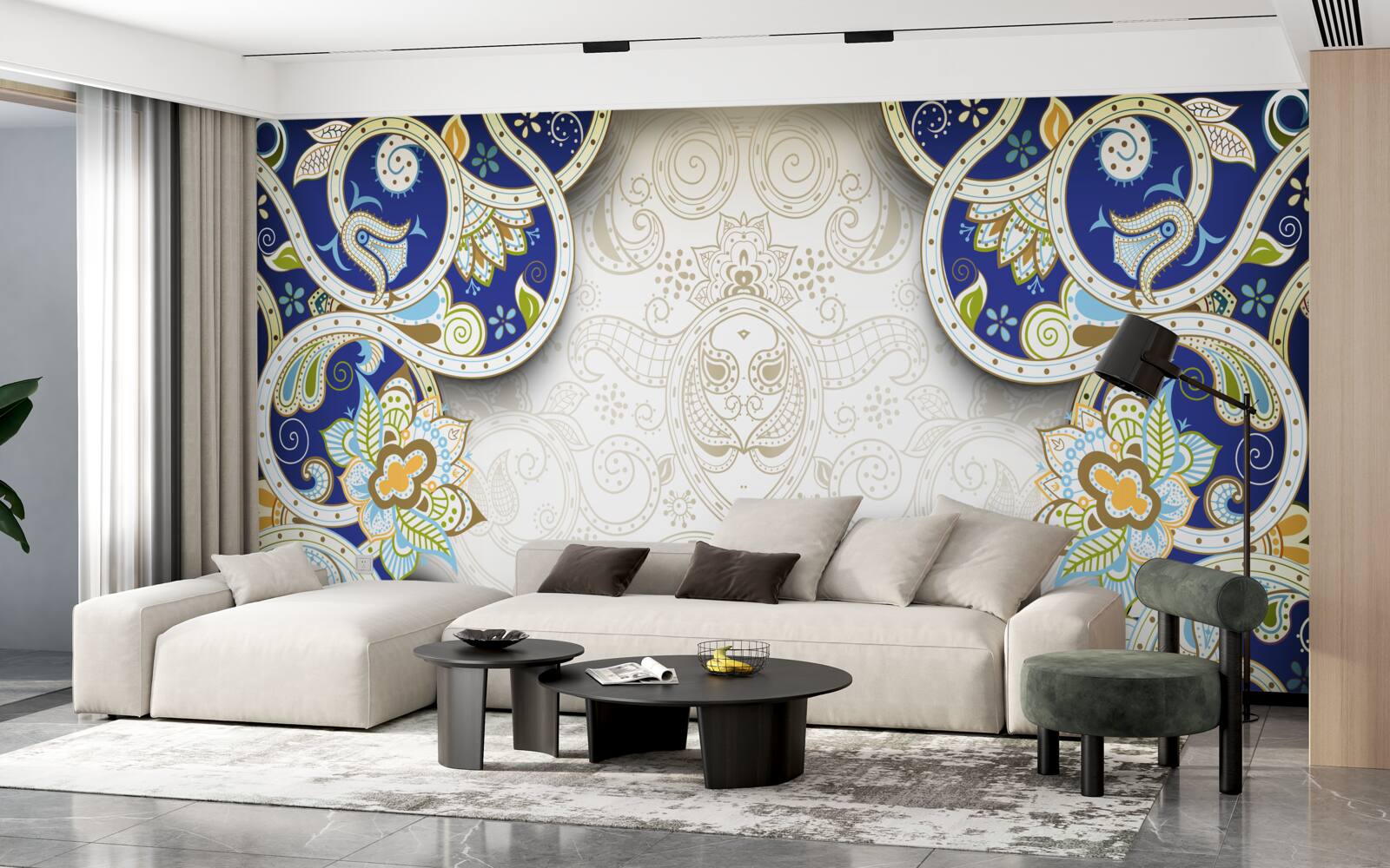 Papier peint décoration de style oriental en couleurs bleues